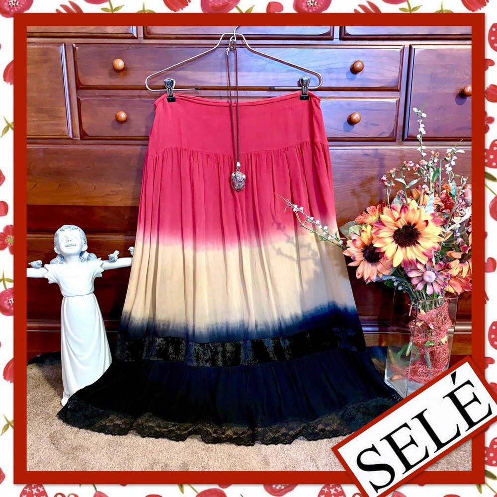Vintage Selé Tiered Ombré Maxi Skirt from India in Cranberry, Black, Tan / Cream
